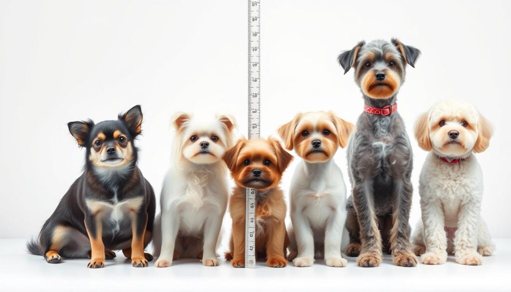 A beautifully lit studio scene showcasing a side-by-side size comparison of several small dog breeds. In the foreground, a Chihuahua, Pomeranian, and Maltese sit calmly, their proportions clearly visible. In the middle ground, a Yorkshire Terrier, Shih Tzu, and Poodle stand next to a measuring tape, allowing viewers to easily gauge their relative sizes. The background is a minimalist white backdrop, ensuring the focus remains on the dogs and their distinct physical characteristics. Soft, even lighting illuminates the scene, capturing the textural details of the dogs' fur and emphasizing their delicate features. The overall composition is clean, balanced, and designed to provide a comprehensive visual reference for the diversity of small dog breeds.