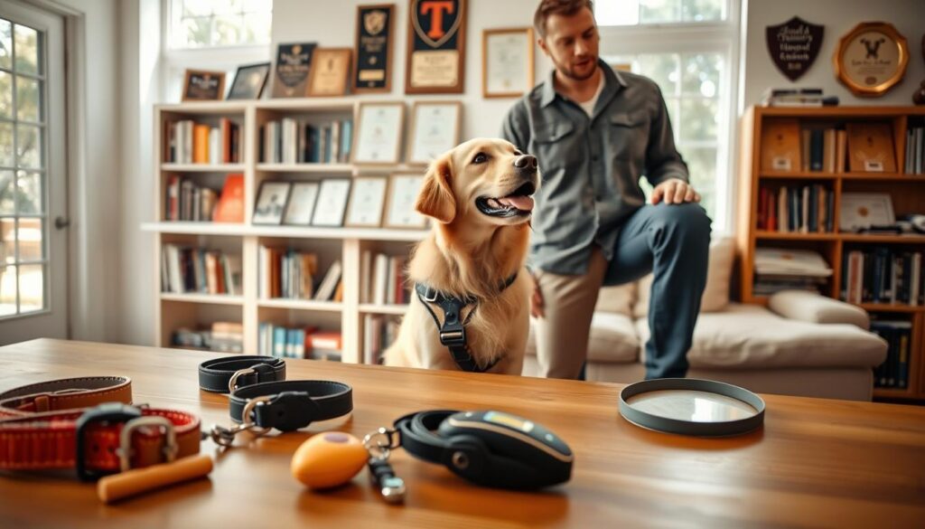 A bright, well-lit home interior with natural lighting filtering through large windows. In the foreground, a wooden table displays various dog training tools - collars, leashes, treats, and a training clicker. In the middle ground, a friendly golden retriever sits attentively, wearing a harness and gazing up at an owner dressed in casual, comfortable clothing. The background features bookshelves filled with training manuals and certification plaques, conveying a sense of expertise and professionalism. Soft, warm tones and a calm, focused atmosphere capture the essence of the "Understanding Dog Training Cost Basics" section.