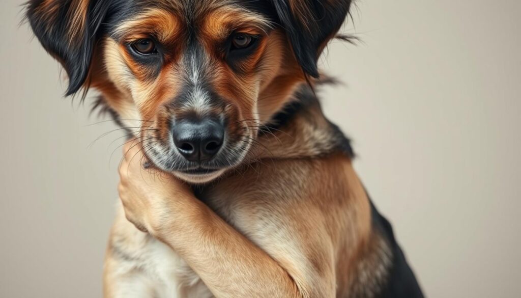 A close-up portrait of a dog with visible signs of skin irritation and distress. The dog's fur is slightly disheveled, and it is intensely scratching its neck and shoulders with its hind leg. The dog's expression conveys discomfort, with a slightly furrowed brow and a concerned, anxious gaze. The lighting is soft and diffused, creating subtle shadows that emphasize the textures of the dog's skin and fur. The background is a plain, neutral tone, allowing the dog's form and expressions to be the central focus. The overall mood is one of empathy and concern, capturing the animal's struggle with an allergy-related skin condition.