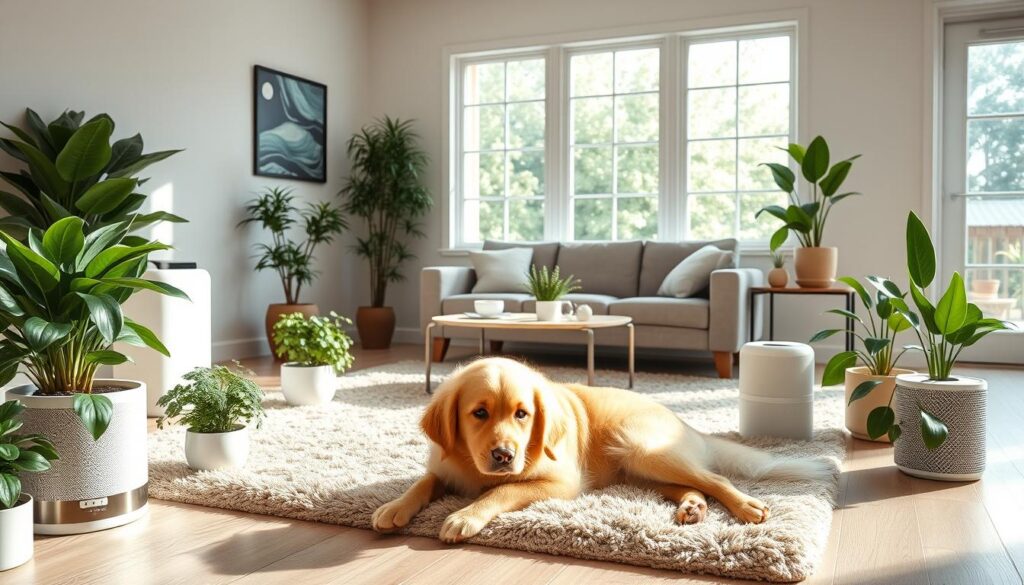 A cozy living room, sun-drenched and inviting, with a fluffy golden retriever resting contentedly on a plush area rug. In the foreground, a range of pet-friendly houseplants and air purifiers, creating a soothing, allergen-free environment. The middle ground features a sleek, modern sofa and end tables, while the background showcases large windows that let in natural light, illuminating the space. The overall atmosphere is one of tranquility and comfort, with muted tones and soft textures, conveying a sense of a safe, allergy-free haven for both the dog and its human companions.
