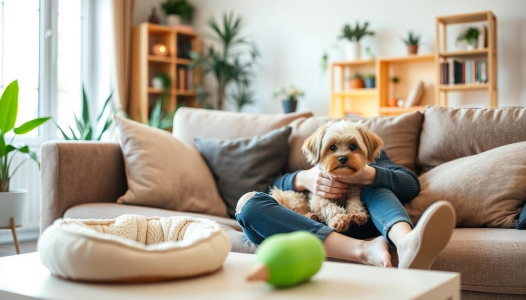 A cozy, well-lit interior scene showcasing the benefits of small dog ownership. In the foreground, a young woman sits on a plush sofa, cuddling a small, fluffy companion dog on her lap. The dog's attentive gaze and relaxed demeanor convey a sense of companionship and comfort. In the middle ground, a small dog bed and toys suggest a nurturing, pet-friendly environment. The background features a warm, inviting living room with plants, bookshelves, and soft lighting, creating an atmosphere of domestic bliss. The composition emphasizes the affectionate bond between the woman and her small dog, highlighting the joy and fulfillment of this type of pet ownership.