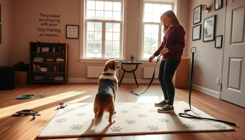 A cozy, well-lit private dog training studio. On the floor, a soft mat with paw prints, surrounded by training equipment like treats, leashes, and clickers. In the foreground, a dog and their owner engaged in a training session, the owner's hands gently guiding the dog through commands. The walls are adorned with inspirational dog training quotes and certificates, exuding a sense of professionalism. Warm, natural lighting filters in through large windows, creating a welcoming atmosphere. The scene conveys the expertise and individualized attention of a private dog training session.
