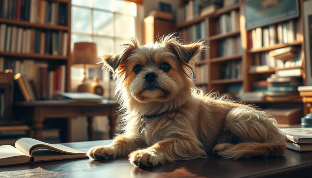 A cozy, well-lit study filled with books, a desk, and a small dog resting peacefully. The dog's fluffy fur, alert expression, and curious gaze embody the characteristics of a beloved companion. The room is bathed in warm, natural lighting, creating a serene and inviting atmosphere. Soft, diffused shadows gently outline the dog's features, highlighting its small, compact build. The overall scene conveys a sense of understanding and appreciation for the unique qualities of this small dog breed.
