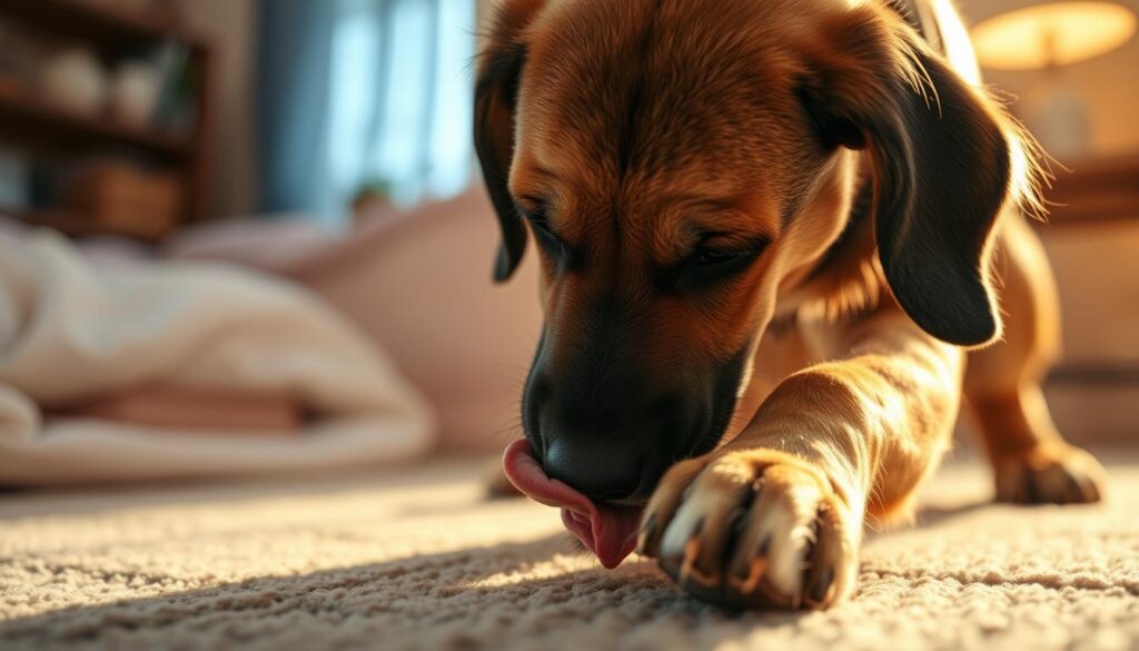 A dog intently grooming itself, meticulously licking its paws and fur, against a backdrop of a cozy, softly-lit interior. The dog's focus and concentration are palpable, its tongue delicately working to remove any dirt or debris. The scene is bathed in warm, golden light, creating a serene and intimate atmosphere. The camera angle is slightly elevated, giving a bird's-eye view of the grooming ritual, highlighting the dog's dedication to its personal hygiene. The overall mood is one of tranquility and self-care, capturing the essence of a dog's grooming habits.