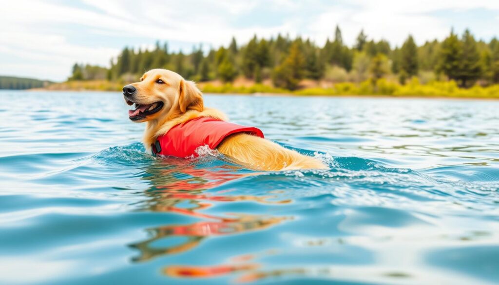 A golden retriever dog wearing a bright red life jacket, swimming happily in a calm, azure blue lake. The dog's fur glistens in the warm, diffused sunlight filtering through wispy clouds overhead. In the background, lush green pine trees line the shore, creating a serene, natural setting. The camera angle is slightly elevated, capturing the dog's confident, playful movements as it paddles through the clear, tranquil waters. An atmosphere of safety, relaxation, and canine joy pervades the scene, perfectly illustrating the "Teach Your Dog to Swim: Safety and Confidence" section of the article.