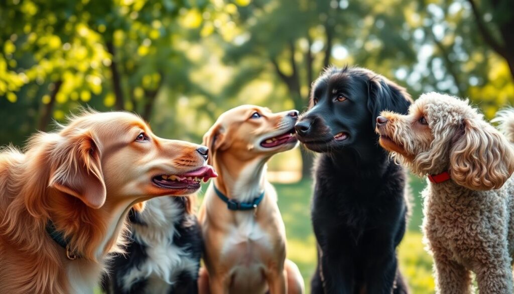 A pack of friendly dogs engaged in natural canine communication behaviors. In the foreground, a golden retriever and a border collie are licking each other's muzzles, expressing affection and social bonding. In the middle ground, a Labrador retriever and a poodle sniff and nuzzle, their body language indicating curiosity and playfulness. The background features a lush, verdant park setting with dappled sunlight filtering through the trees, creating a warm, inviting atmosphere. The scene is captured with a shallow depth of field, placing the focus on the intimate interaction between the dogs while subtly blurring the surroundings.