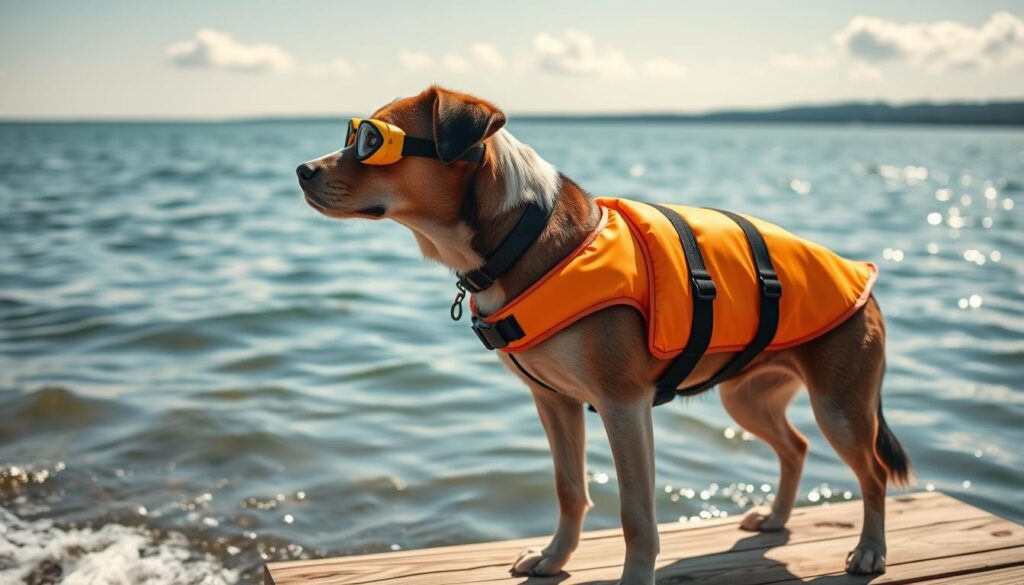 A well-equipped dog prepares for a swimming adventure, outfitted in a bright orange life jacket and swimming goggles. The canine stands on a wooden dock, ready to leap into the tranquil, sun-dappled waters of a lakeside setting. Gentle waves lap against the shore, and a few fluffy clouds drift across the serene sky. The dog's attentive expression conveys a sense of excitement and anticipation, as it eagerly awaits the start of its aquatic escapade. This scene captures the essential safety gear and thoughtful preparation needed to ensure a safe and enjoyable swimming experience for both the dog and its human companion.