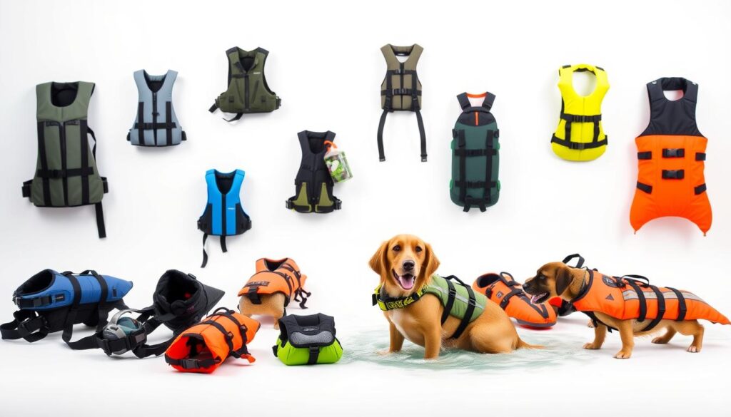 A well-lit studio shot showcasing an assortment of dog life jackets and flotation devices. The foreground features various styles and sizes of dog life vests, ranging from sleek and streamlined to bulky and brightly colored. The middle ground shows the devices in use, with a wet but happy retriever model demonstrating the different fits and buoyancy levels. The background is a clean, minimalist setup with a plain white backdrop, allowing the products to take center stage. The overall mood is informative and educational, highlighting the important safety features and functionality of each flotation device.