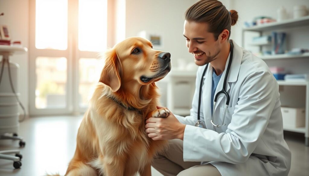 A well-lit veterinary examination room, with soft natural lighting filtering through the windows. In the foreground, a friendly veterinarian in a white lab coat kneels beside a golden retriever, gently examining the dog's paws and ears for signs of allergic reactions. The dog's face expresses a mixture of curiosity and calm, as the vet reassures the animal with a soothing touch. In the middle ground, medical equipment and supplies are neatly arranged, conveying a sense of professionalism and care. The background is subtly blurred, focusing the viewer's attention on the intimate interaction between the veterinarian and the patient.